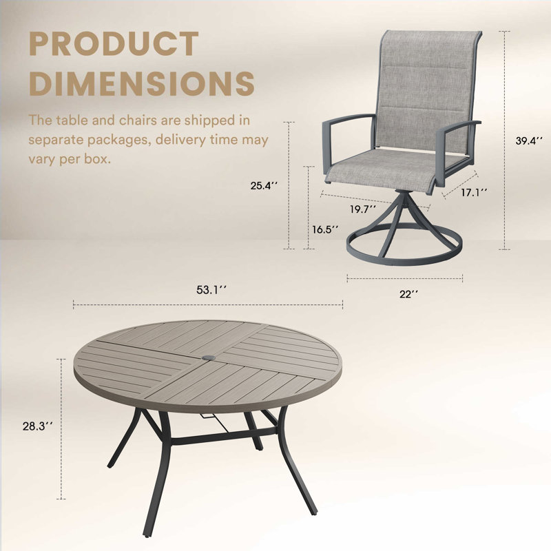 6-Person Outdoor Round Dining Set With Padded Swivel Chair, Gray Woodlike