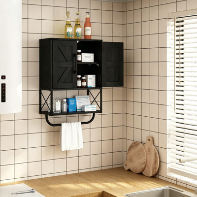 Armoire à pharmacie rustique avec deux portes de grange, armoire de rangement murale en bois avec tablette réglable et barre à serviettes, organisateur de salle de bain à 3 niveaux pour le salon, cuisine