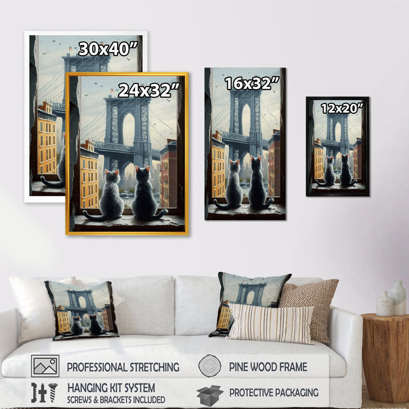 Deux chats dans la ville II - reproduction sur toile, H 32 po x l 24 po x P 1 po, Toile tendue