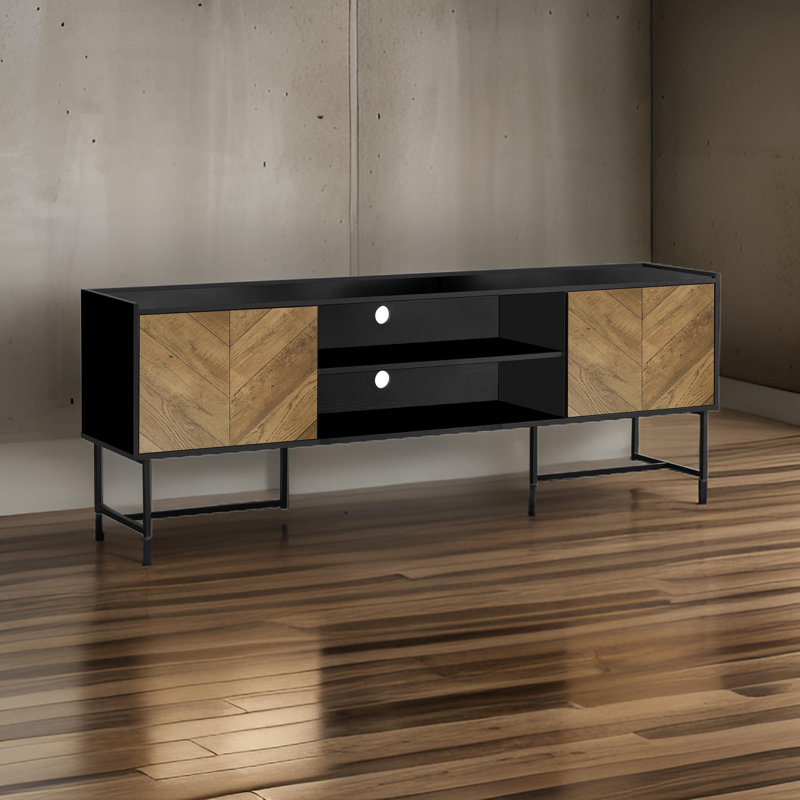 TV Entertainment Console, 71 Inch Wide, V Grooved 2 Cabinets, Brown, Black