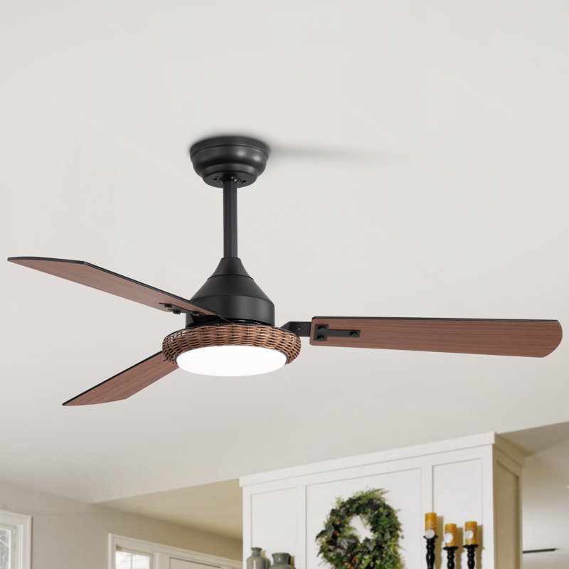 Ventilateur de plafond moderne de 48 pouces avec lumière, 3 pales en bois, 3 températures de couleurs, moteur CC réversible à 6 vitesses, ventilateur de plafond avec télécommande pour l'extérieur / l'intérieur de la chambre à coucher