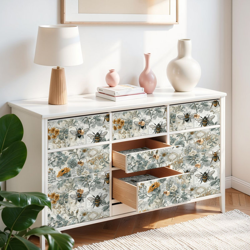 Papier peint auto-adhésif Botanical Honeybee Engraving, L 117,6 po x l 17,5 po