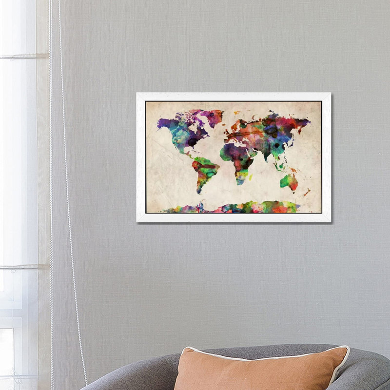 World Map Urba Watercolour II by Michael Tompsett - Print on Canvas, White Framed, 101.6 cm H x 66.04 cm W