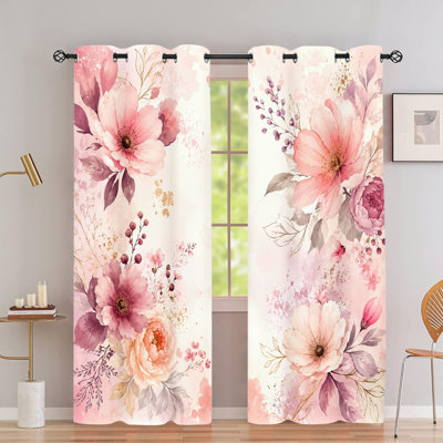 2 rideaux occultants avec œillets 2PCS, rideaux à imprimé floral en aquarelle rose doux, isolation thermique, réduction du bruit, protection de la vie privée, traitement d'esthétique obscurcissant pour la chambre à coucher