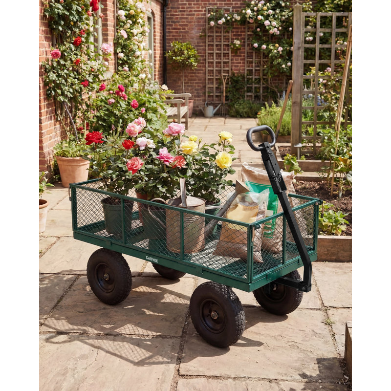Chariot de jardin 1000 LBS avec roues tout-terrain, panneaux en filet amovibles, poignée réglable, coffre utilitaire de transport en acier robuste, vert