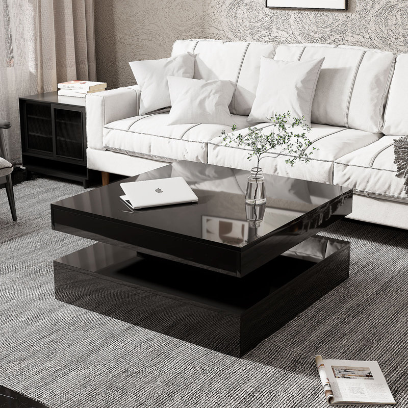 Table basse moderne avec éclairage DEL réglable, table centrale pour canapé ou salon, Noir lustré