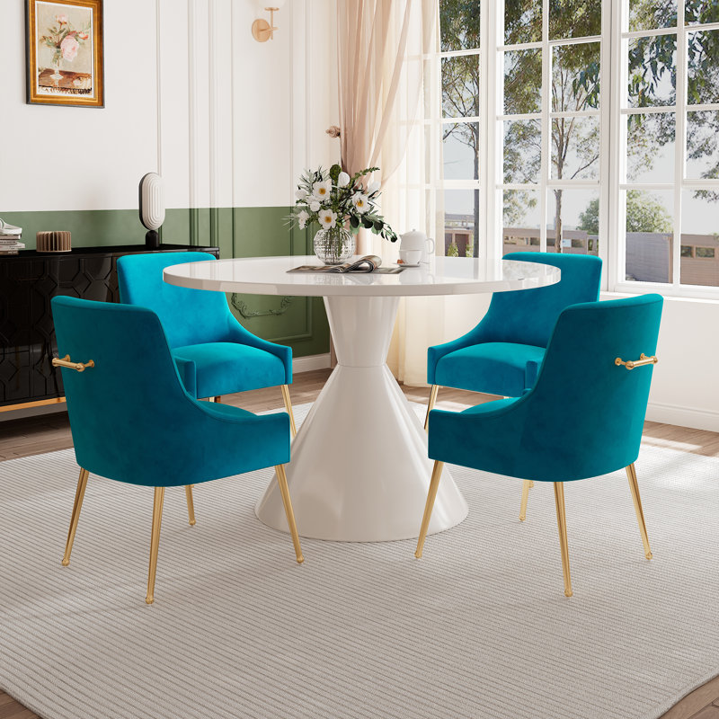 Magallanes 4 - Person Round Table Dining Set with Velvet Dining Chairs, White, Light Blue