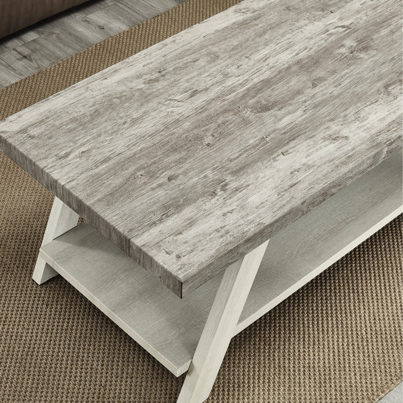Table basse 3 - Gris et beige patiné, plateaux rectangulaires, tablette supplémentaire, plateaux en bois avec rangement et pieds évasés