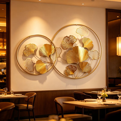 Golden Double-Circle Ginkgo Leaf Metal Wall Art
