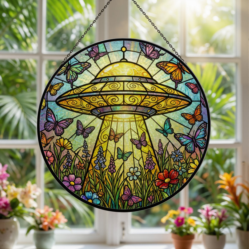 Panneau de vitrail de jardin 12 "H Ufo, H 12 po x l 12 po