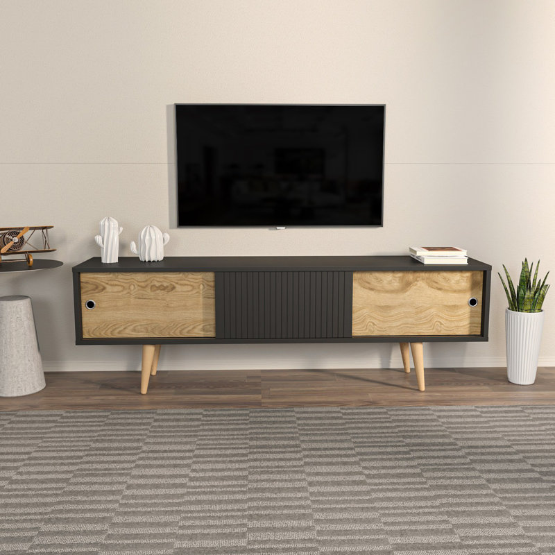 Meuble télé moderne en anthracite et en chêne de 63,0 po x 17,7 po x 13,6 po | 100% panneau de particules enduit de mélamine, épaisseur: 0,7 pouce | Design scandinave, élégant et fonctionnel pour le salon et les espaces de divertissement
