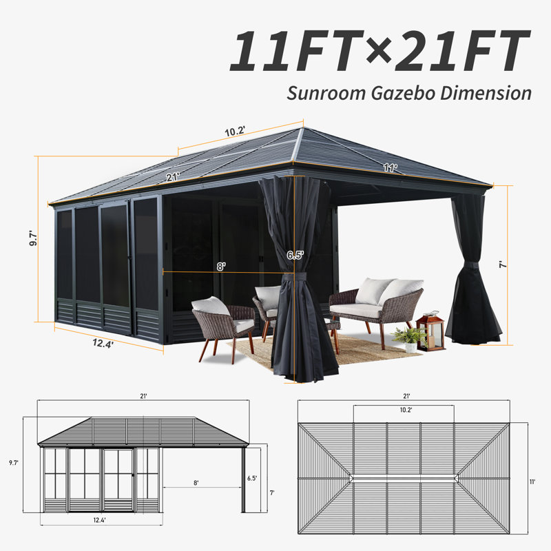 21 Ft. W x 11 Ft. D Aluminum Patio Gazebo Wall-Mounted Solarium