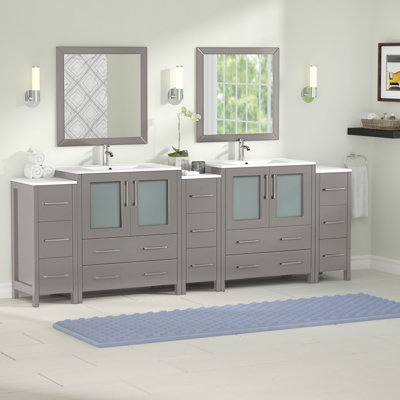  Modern 96" Double Sink Freestanding Bathroom Vanity with Ceramic Top and Matching Mirrors