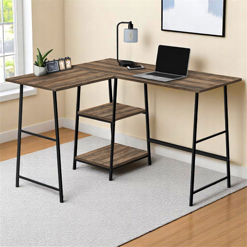 Computer Desk, Home Office, Corner, Storage Shelves, 48"l, L Shape, Work, Laptop, Natural Laminate, White Metal, Contemporary, Modern
