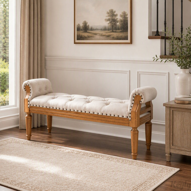 Banc capitonné de style milieu du siècle avec accoudoirs arrondis et pieds en bois massif, Beige, Beige