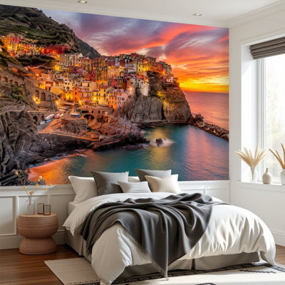 Papier peint adhésif autocollant amovible Manarola, Italie, cinq terrains, papier contact amovible pour salon, chambre à coucher H 69 po x l 96 po