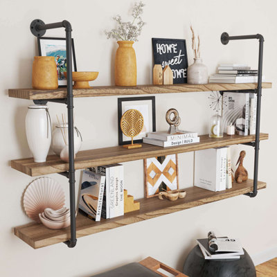 60"x 9.25" Industrial Bookshelf, Long Floating Shelves, Pipe Shelving, Wood Shelf for Wall, 3-Tier, 3pcs Solid Wood Boards Included