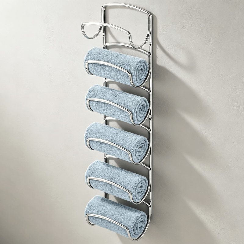 Porte-serviettes mural en métal à 6 niveaux, range-serviettes en acier argenté à 6 niveaux, porte-serviettes mural pour salle de bain, peut accueillir de grandes et petites serviettes roulées, accessoires de salle de bain polyvalents