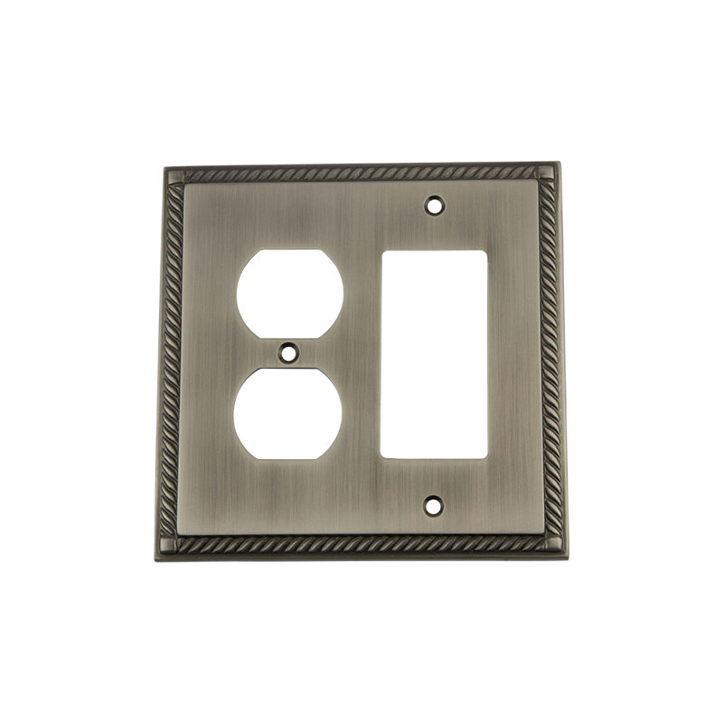 Rope 2-Gang Duplex Outlet / Rocker Combination Wall Plate, Antique Pewter