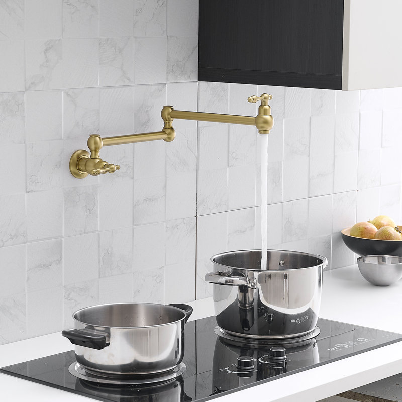 Pot Filler Faucet, Wall Mount Copper Folding Faucet 2 Handle With Double Joint Swing Arms, Single Hole Brass Commercial Kitchen Faucet Over Stove