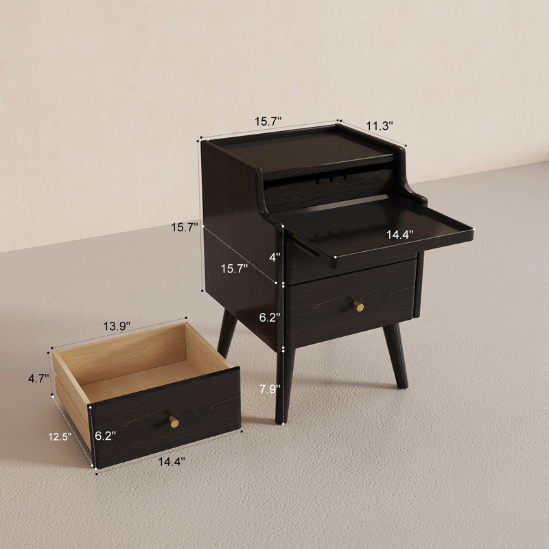 Narrow Solid Wood Nightstand with 2 Drawers, Black, 19.68"H X 15.74"W X 15.74"D