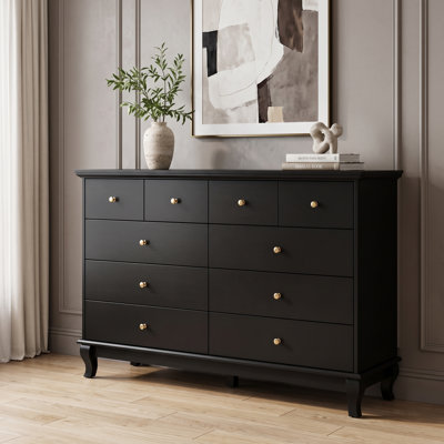 55.1" W Wide Traditional 10-Drawer Double Dresser with Solid Wood Legs, Black