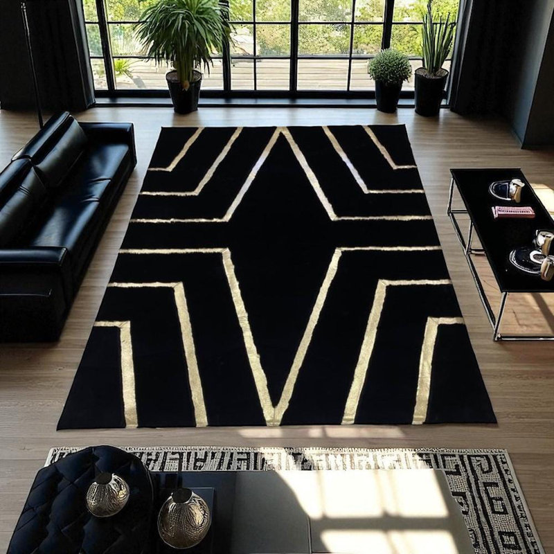 Tapis noir fait à la main en fausse fourrure avec des lignes géométriques dorées pour le salon, la chambre à coucher, plusieurs tailles