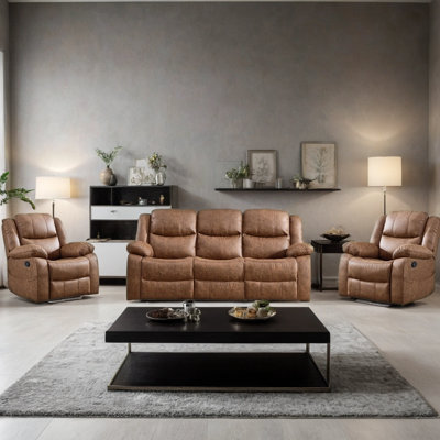 3 Piece Leather Manual Reclining Living Room Set With Pillow Top Armrest