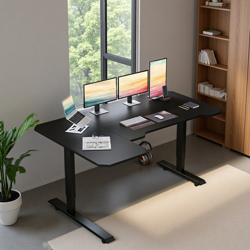 L-Shaped 59" Height Adjustable Electric Standing Desk, Black/Black