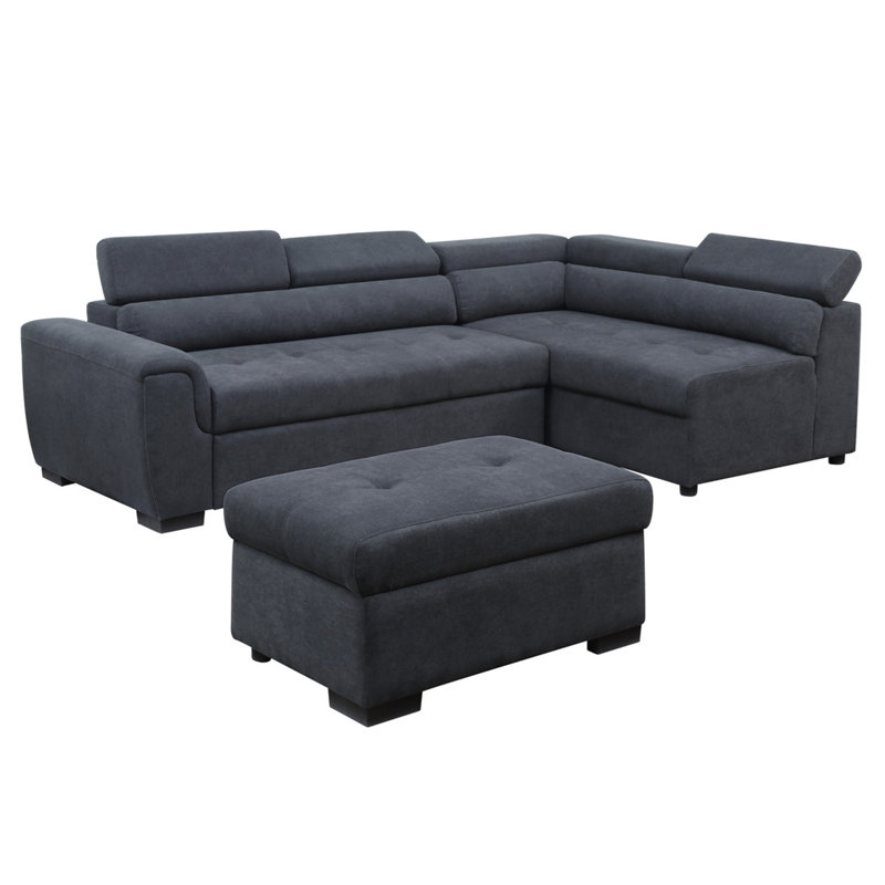 Haris 97" Dark Grey Fabric Sleeper Sofa Sectional with Adjustable Headrest and Storage Ottoman