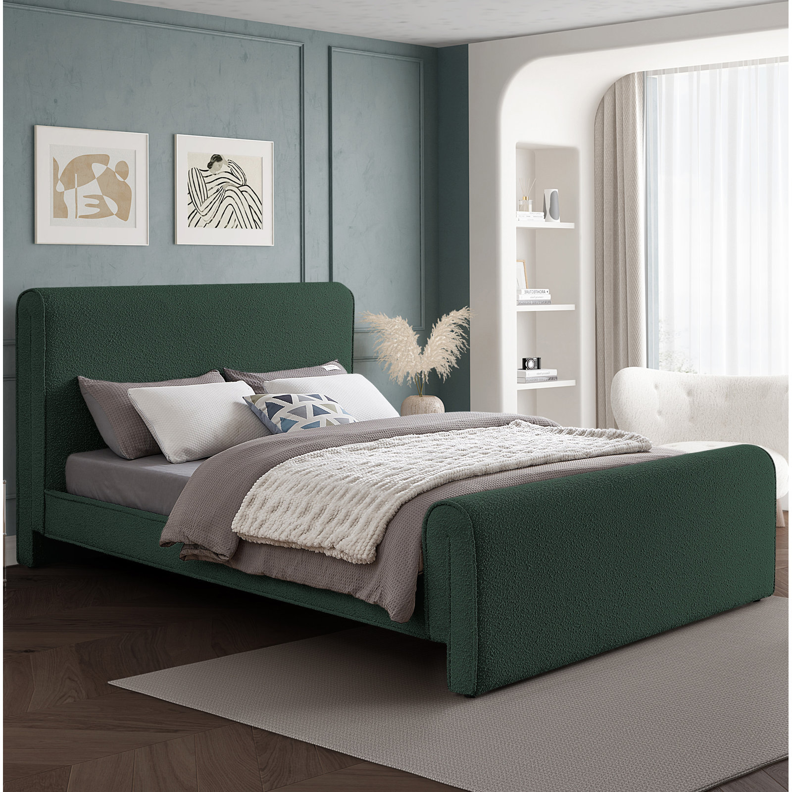 Chaylin Platform Bed, Queen, Green Boucle Fabric