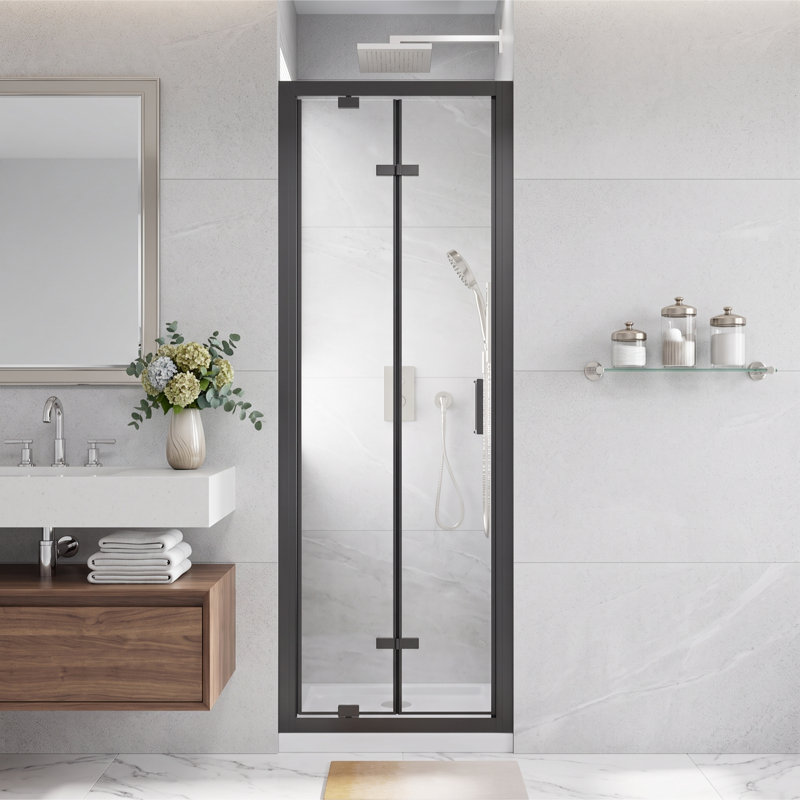 Porte de douche pliante à cadre en aluminium noir mat, 66 cm (L) x 183 cm (H), verre trempé transparent de 6 mm., 26“