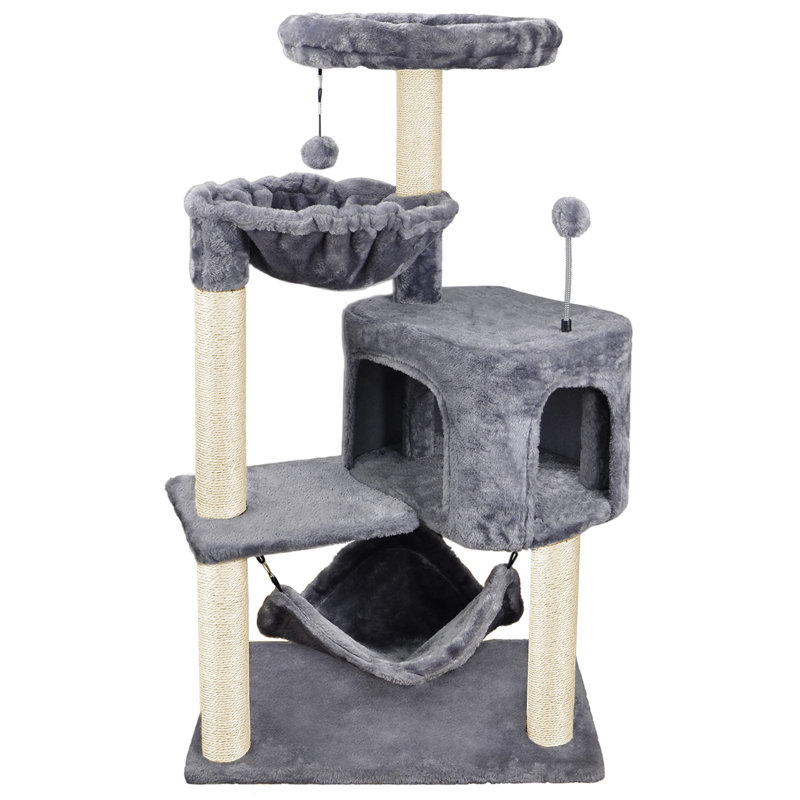 Gray Faux Fur Cat Tree with Condo and Hammock