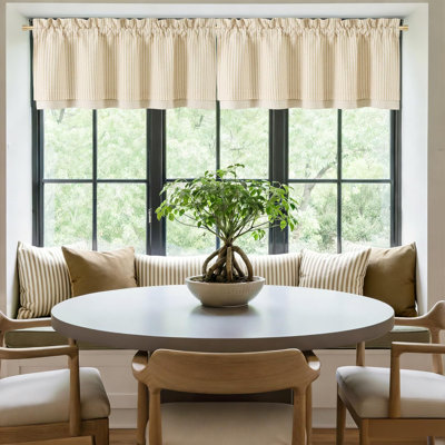  Double Layer Valance Curtains for Windows, Linen Textured Farmhouse Pinstripe Kitchen Window Treatment, Light Filtering Rod Pocket for Living Room Bathroom, 52x18, 1 Panel