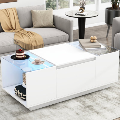 Table basse haute brillance avec verre transparent, éclairage de 16 couleurs et fonctionnalité de rangement pour bande décorative minimaliste moderne, tiroirs, surface