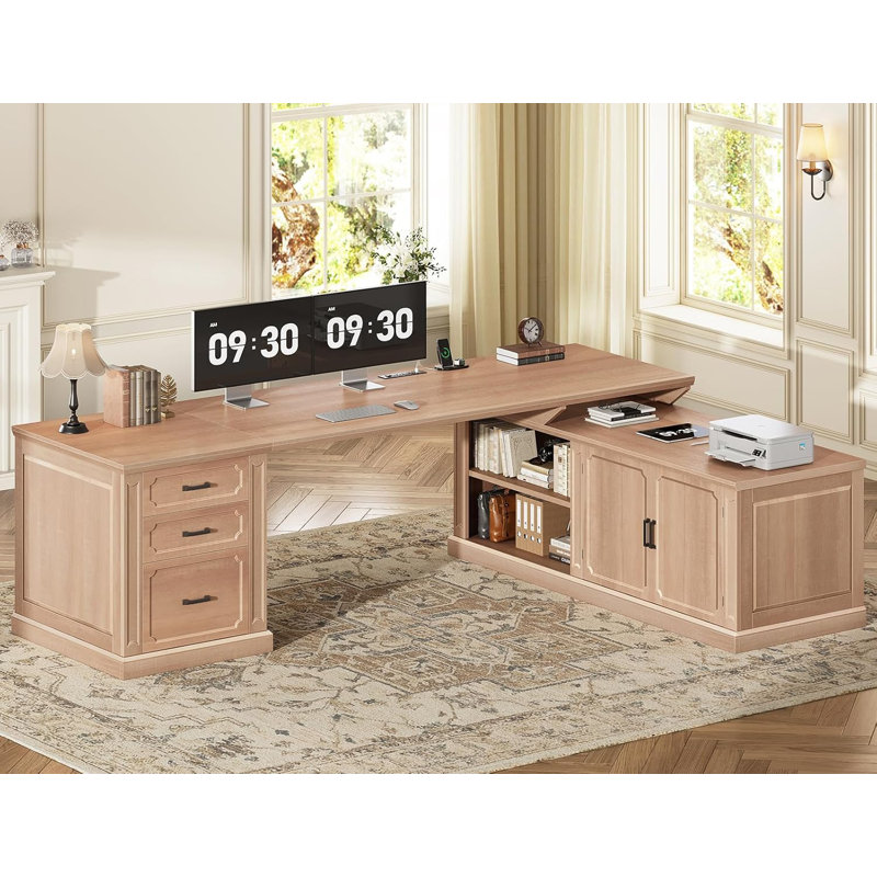 Farmhouse L Shaped Desk With Drawers, 70.9" Home Office Desk With Storage Cabinet, Black