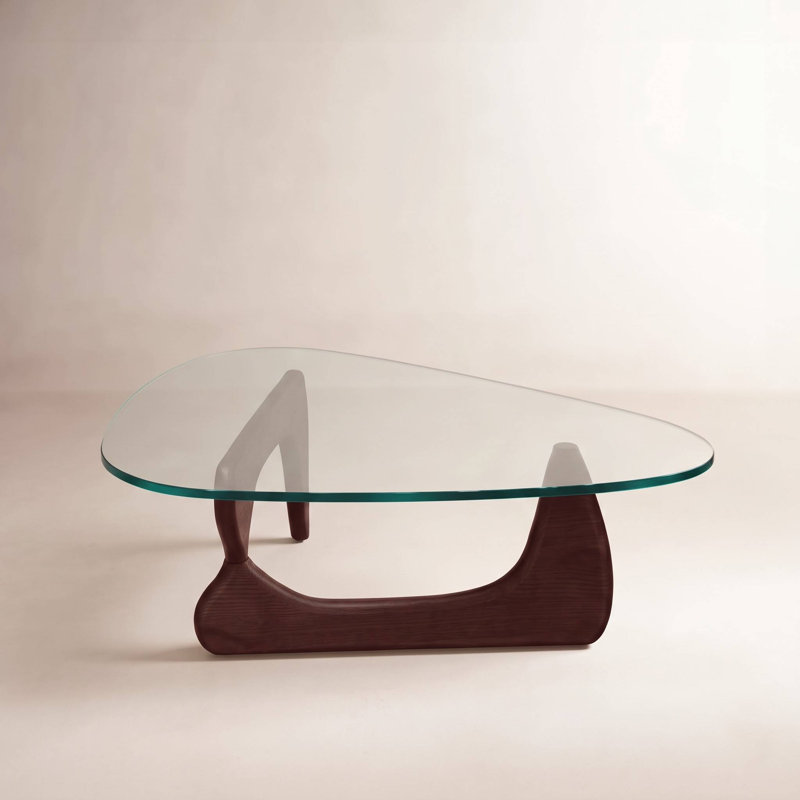 Table basse triangulaire en verre avec base en bois et plateau en verre transparent Mid-Century, Marron foncé