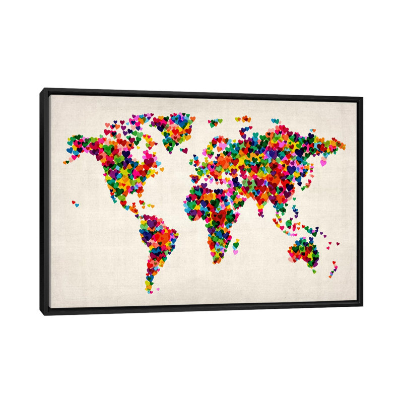 «World Map Hearts II», impression sur toile, H 40 po x l 60 po x P 1,5 po, Toile avec cadre noir, Pas de tapis