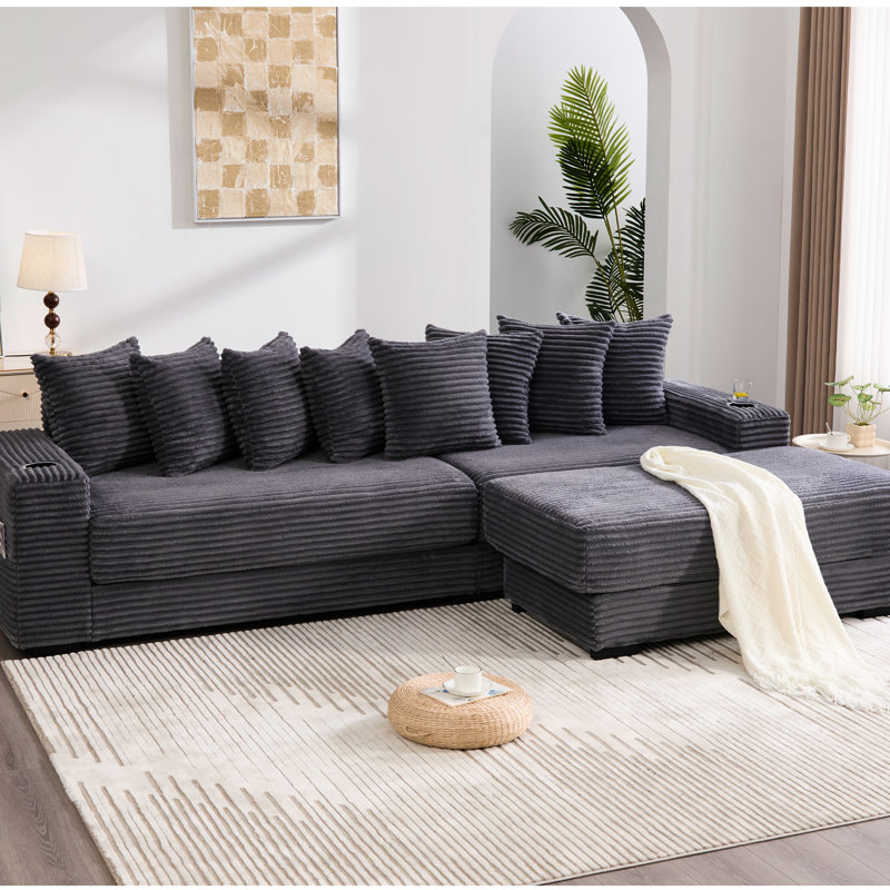 Canapé modulaire en L surdimensionné surdimensionné, tissu en velours côtelé, repose-pieds amélioré, porte-gobelets, coussins décoratifs, convertible en lit: 107,46 po avec repose-pieds mobile, poche latérale, 8 en gris foncé