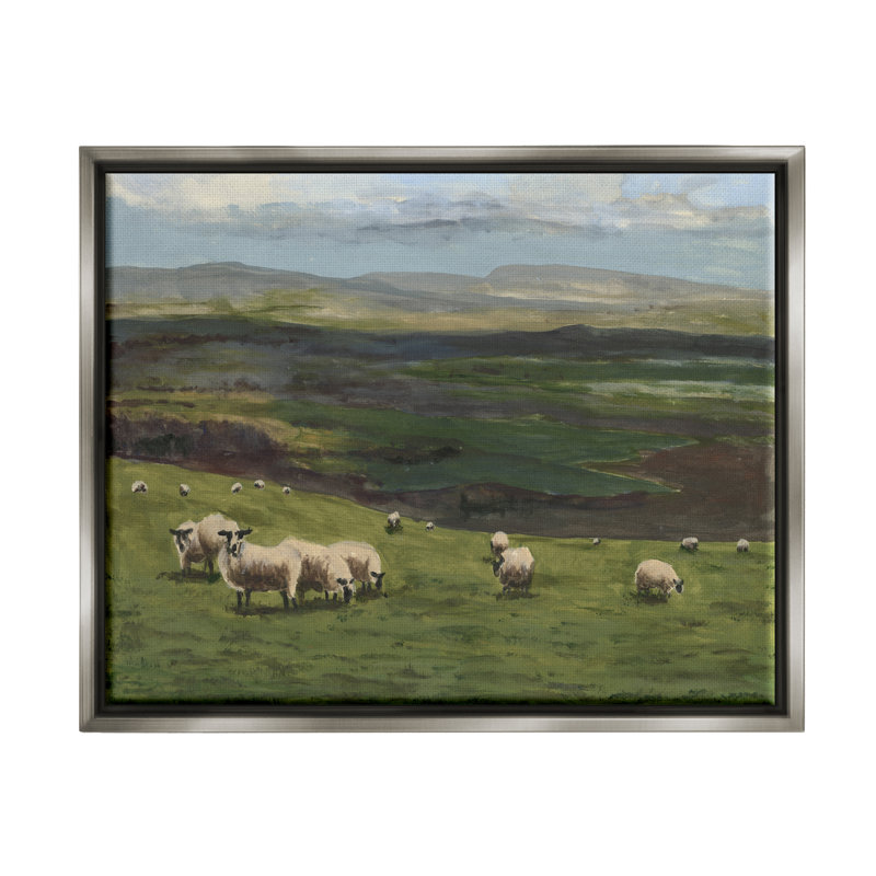 Troupeau de moutons broutant sur toile, H 25 po x l 31 po x P 1,7 po, Cadre flottant gris lustré