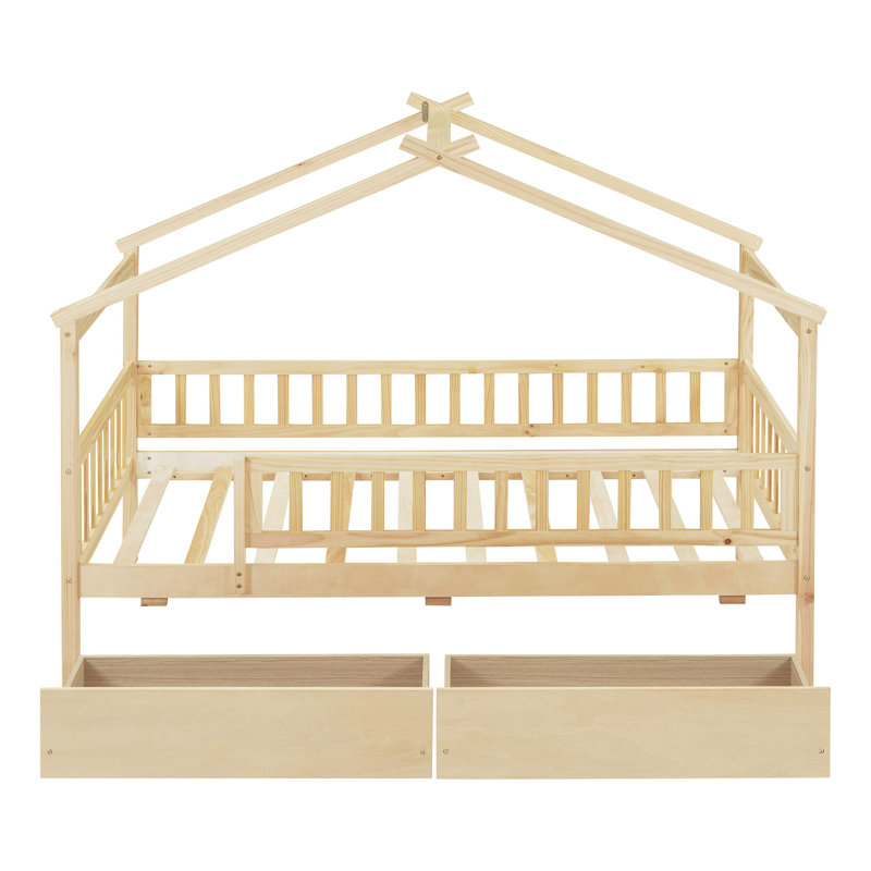 Lit simple en bois pour lit simple - deux tiroirs peu encombrants, bois massif, finition naturelle, têtes de lit incluses avec rangement en bois