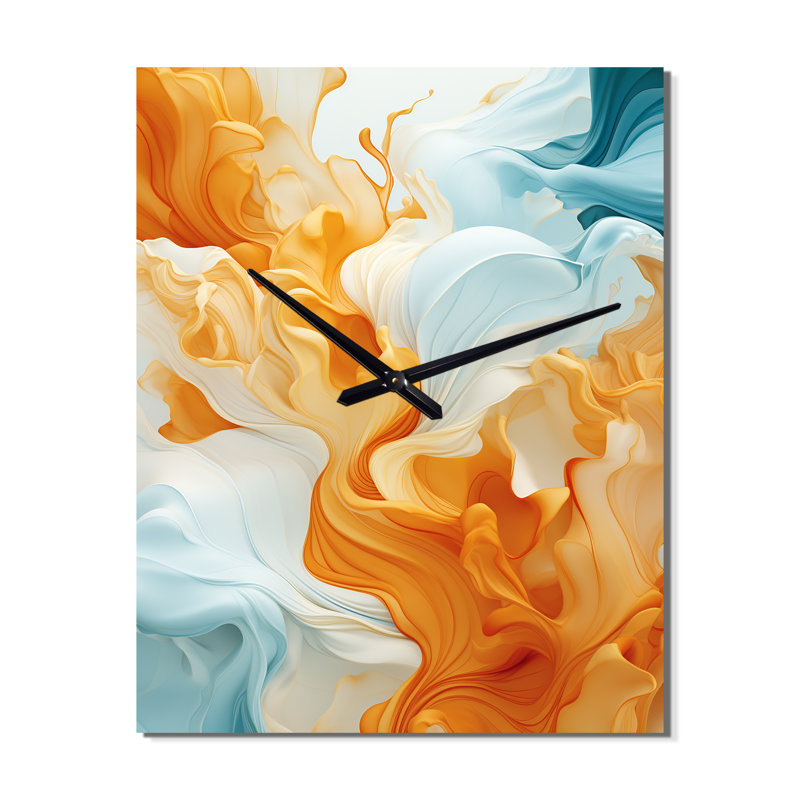 Bright Orange And Turquoise Liquid Ink Art I - Abstract Shapes  Wall Clocks, Small
