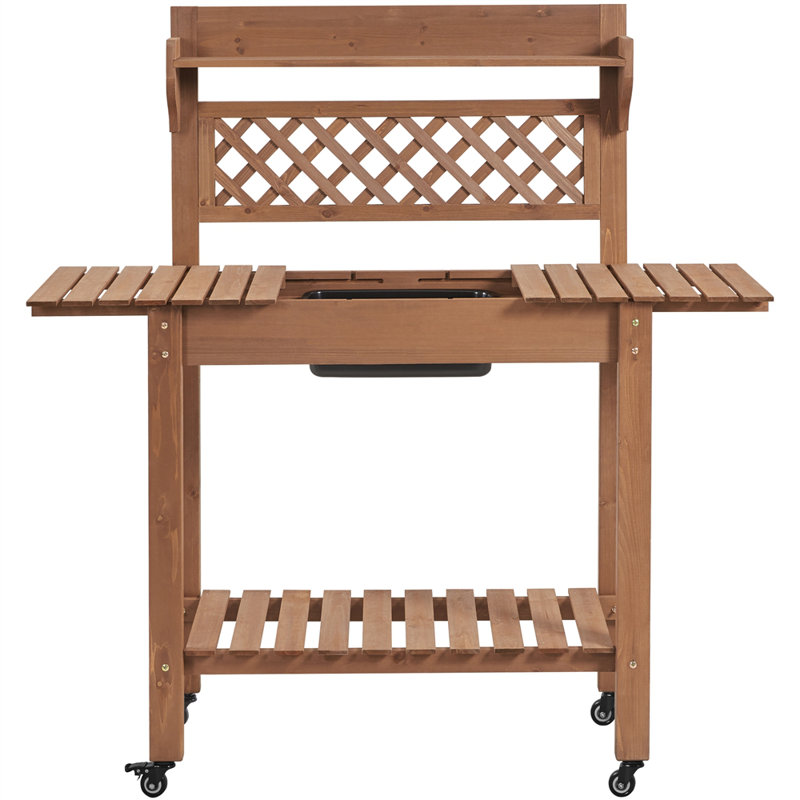 Jihane Fir Wood Potting Bench with Sliding Tabletop, Brown