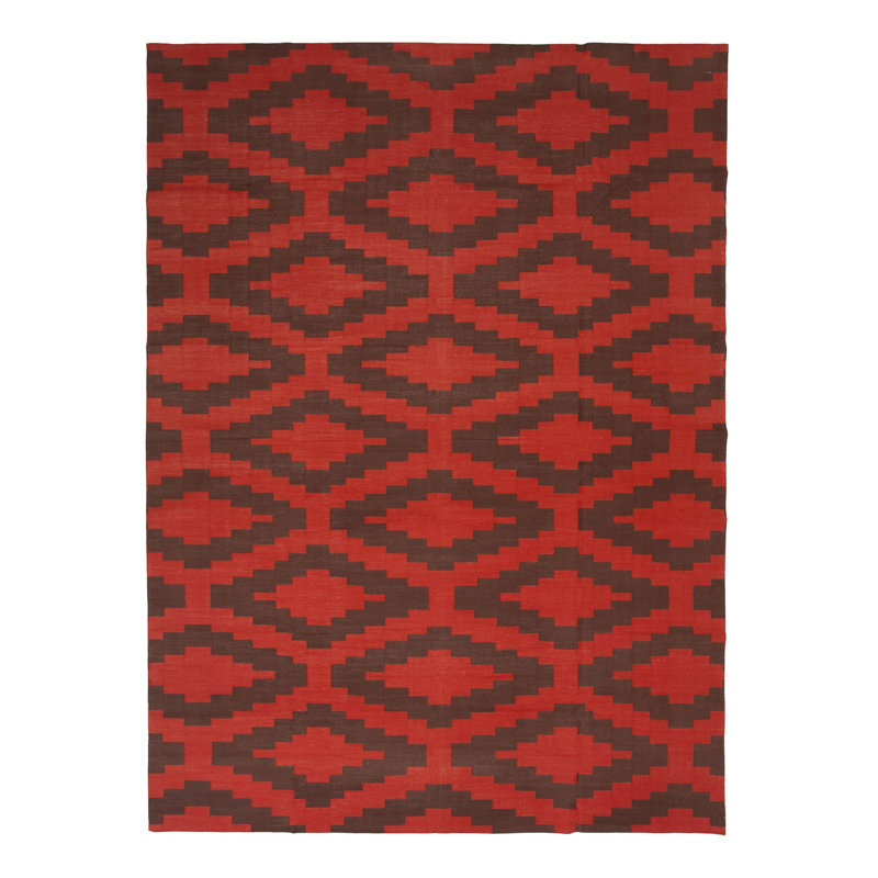Brown & Red Geometric Flatweave Cotton Rug, Rectangle 10' x 14'