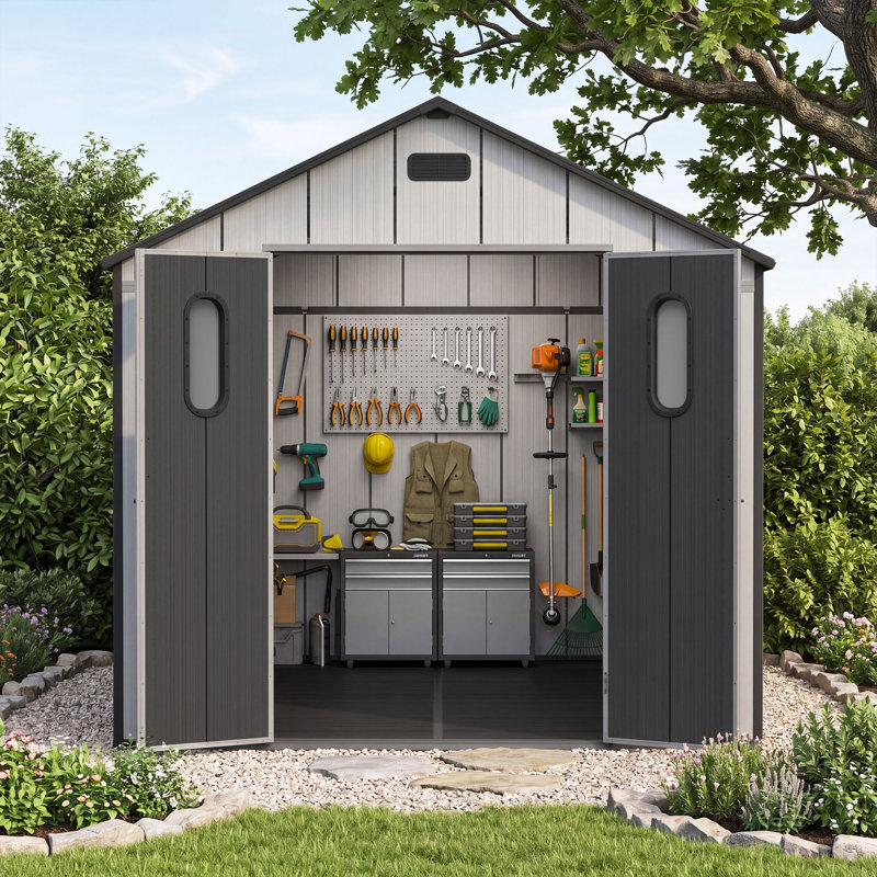 Abri de jardin portatif en plastique avec terrasse et toit en pente, 8 pi x 16 pi