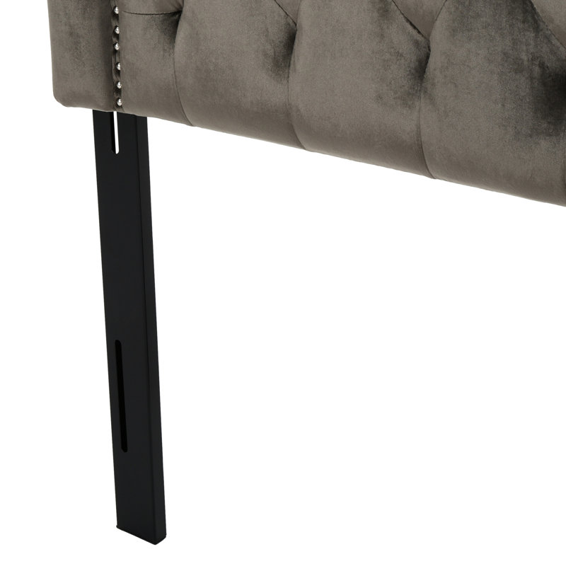 Grey Velvet Upholstered Headboard For Queen & Full Sized, Demonstrating Button Glamour And Nailhead Charisma Style With Sophisticated Look