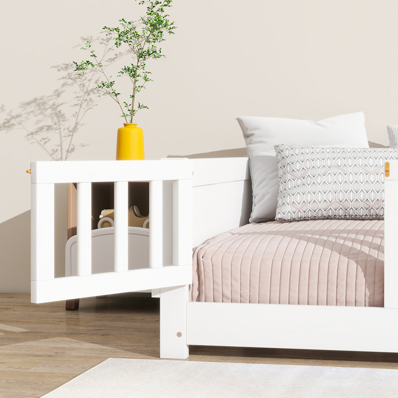 Twin Size Floor Platform Bed With Built-In Book Rack, White