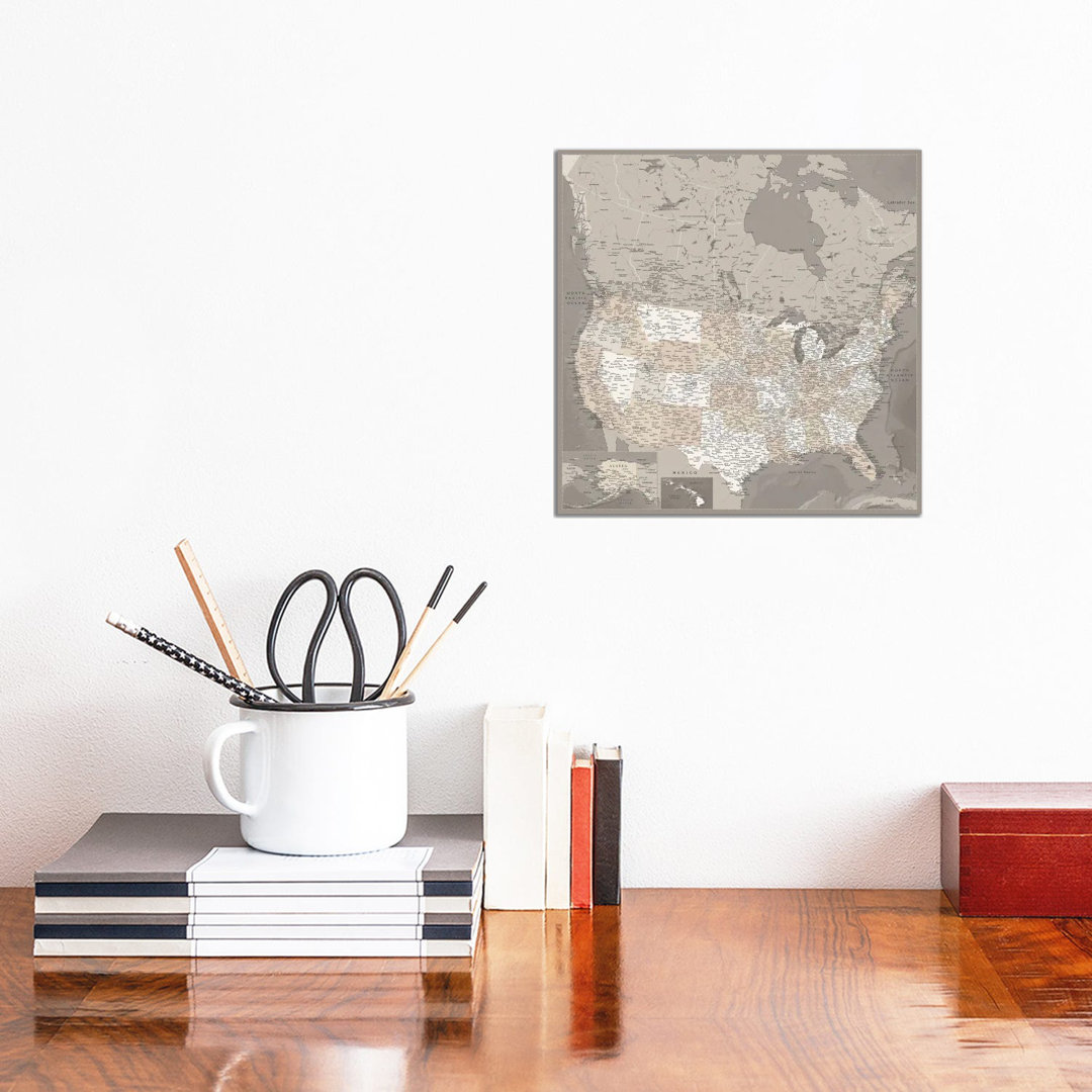 Detaillierte Karte der USA und Kanadas, Davey von Blursbyai - Giclée auf Leinwand ohne Rahmen mit Galerieeinband