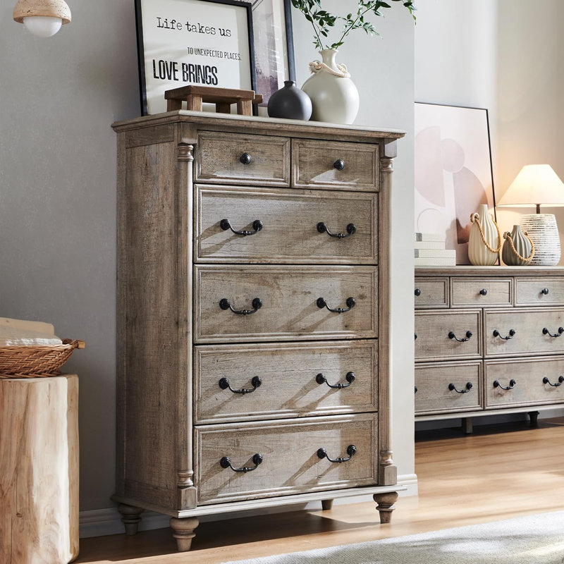 Helmick Farmhouse 6 Drawers Dresser Wood Rustic Dresser Chest of Drawers with 2 Size Drawers for Bedroom, Living Room