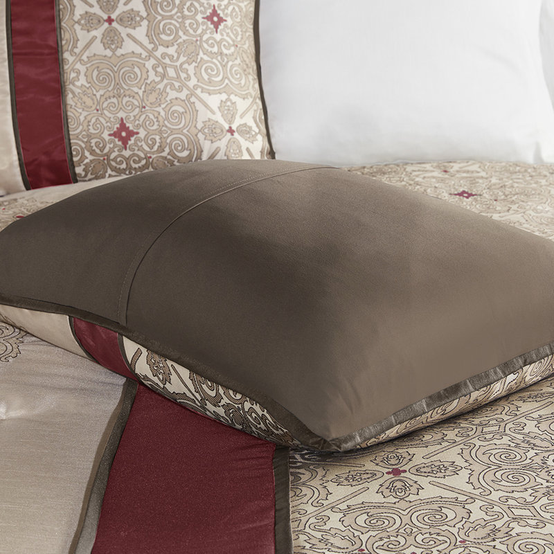 7 Piece King Bedroom - Red With Embroidery And Drop Comforter Bed Accessories, Red